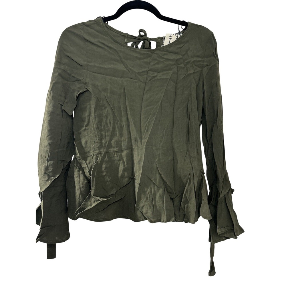 PPLA Womens Olive‎ Green Bell Sleeve Tie Back Peplum Blouse XS Long Sleeve Top
